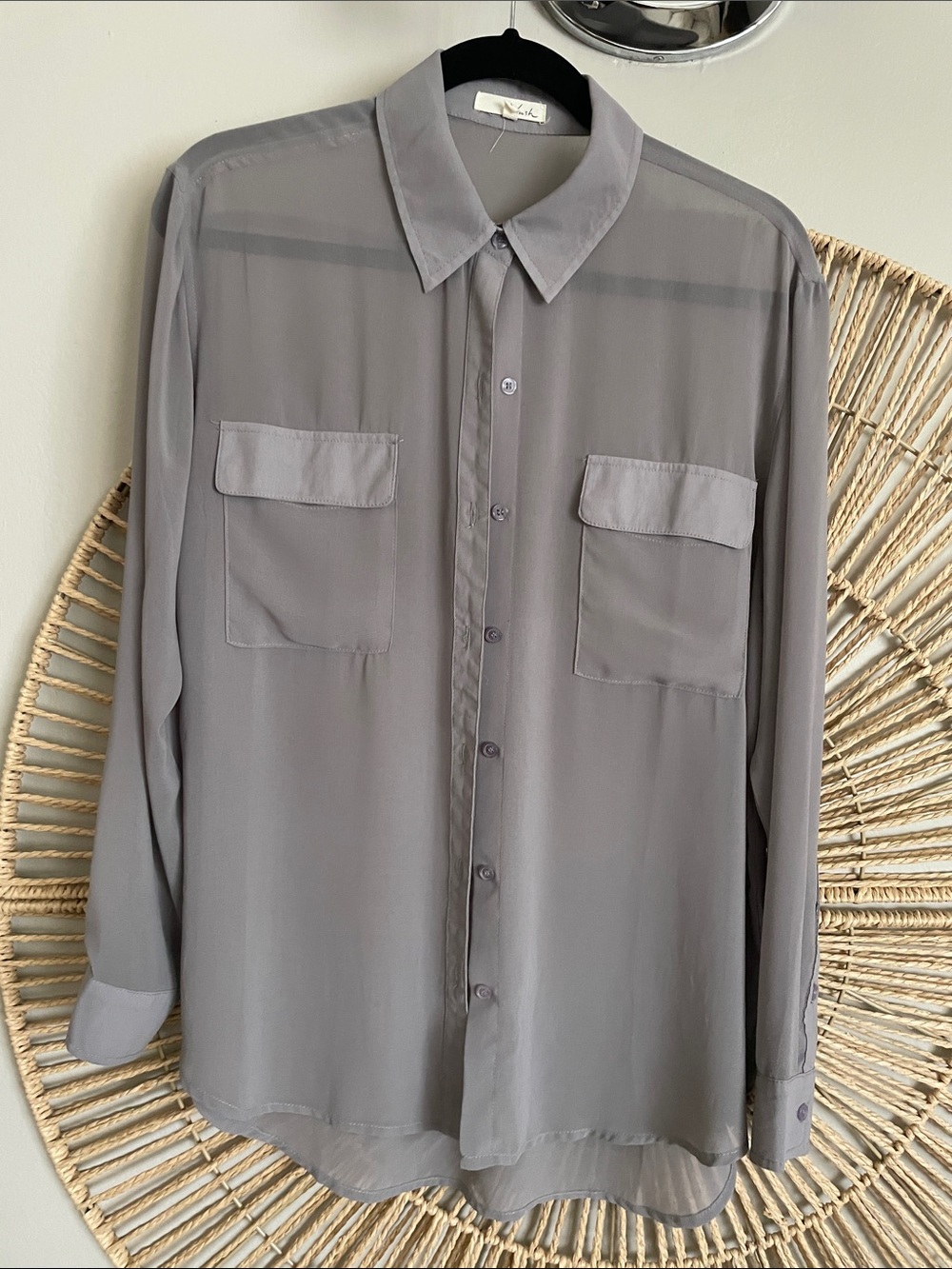 Lush Women’s organza Semi-Sheer Button-Up Shirt in Silver Gray size M EUC